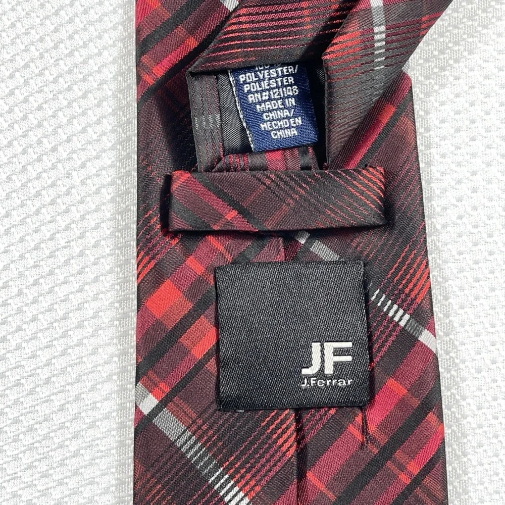 J.Ferrar Mens Red‎ Black White Plaid Polyester Necktie 62 Inch Length